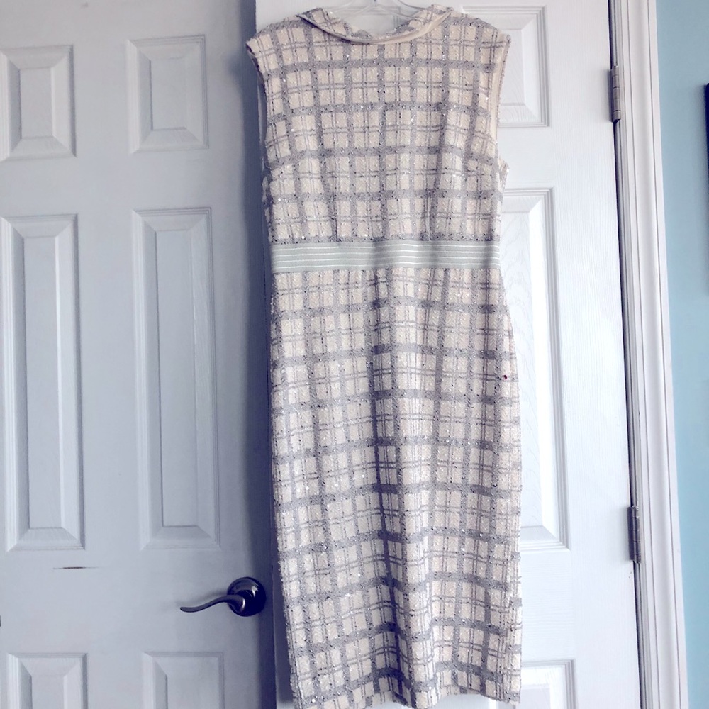 White silver accents, back zip knee length
